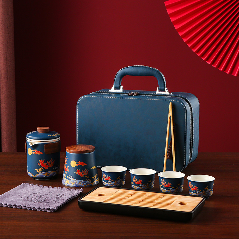 Set de ceai ceramic Kung Fu în cutie cadou, pentru călătorii, siglă imprimată, design albastru-alb