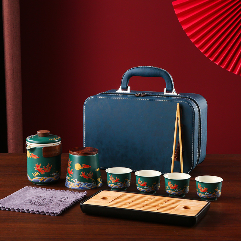 Set de ceai ceramic Kung Fu în cutie cadou, pentru călătorii, siglă imprimată, design albastru-alb