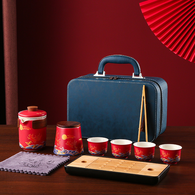 Set de ceai ceramic Kung Fu în cutie cadou, pentru călătorii, siglă imprimată, design albastru-alb