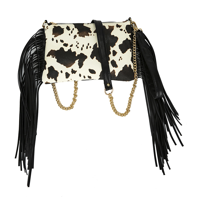 PU ženska crossbody torba s resicama, srednje veličine kvadratnog oblika, otisak, lančani remen