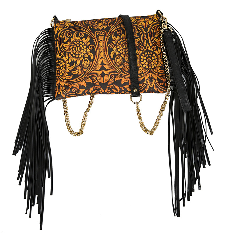 PU ženska crossbody torba s resicama, srednje veličine kvadratnog oblika, otisak, lančani remen