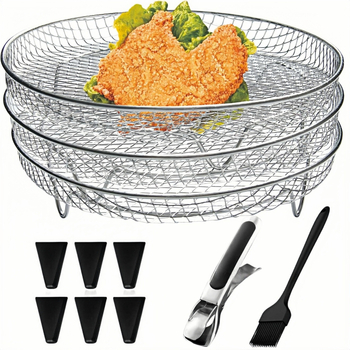 Grătar rotund pentru air fryer, 3 etaje, din oțel inoxidabil 304, accesorii cuptor, grătar de uscare și tavă de scurgere