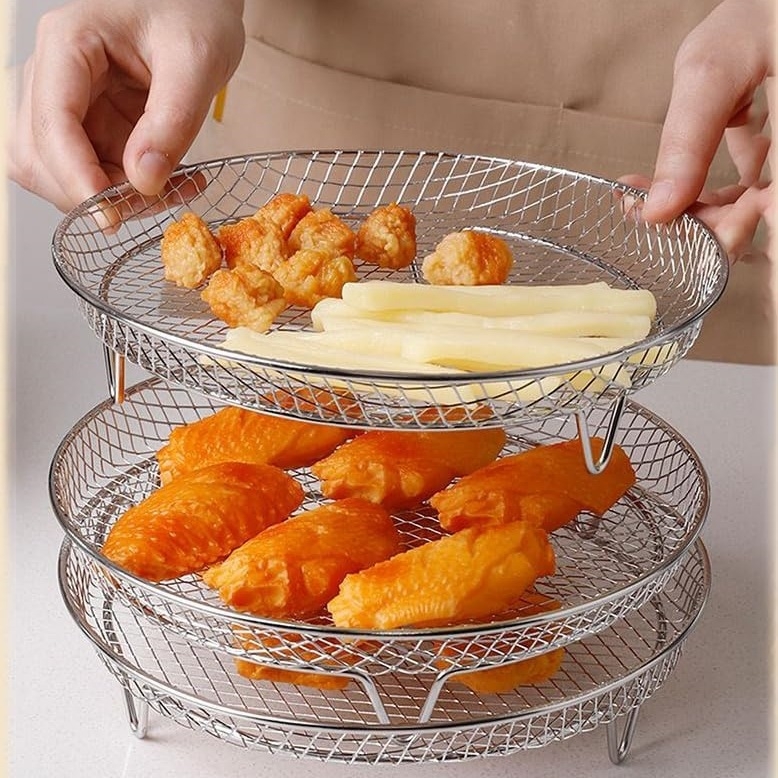 Grătar rotund pentru air fryer, 3 etaje, din oțel inoxidabil 304, accesorii cuptor, grătar de uscare și tavă de scurgere