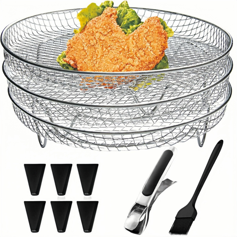 Grătar rotund pentru air fryer, 3 etaje, din oțel inoxidabil 304, accesorii cuptor, grătar de uscare și tavă de scurgere