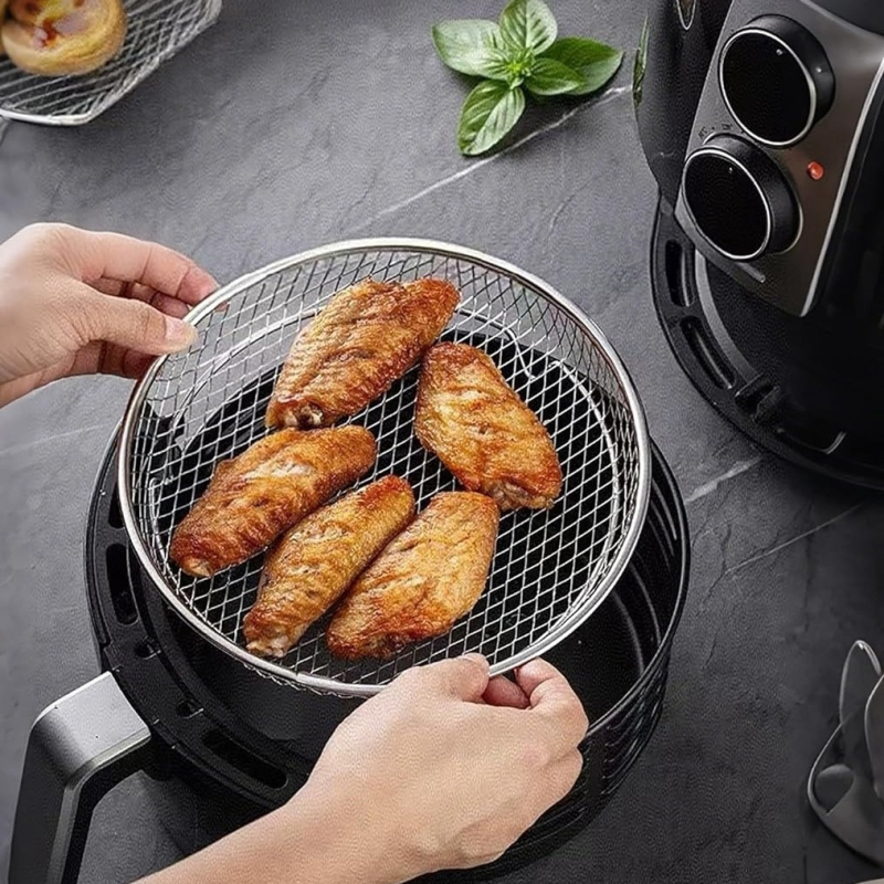 Grătar rotund pentru air fryer, 3 etaje, din oțel inoxidabil 304, accesorii cuptor, grătar de uscare și tavă de scurgere