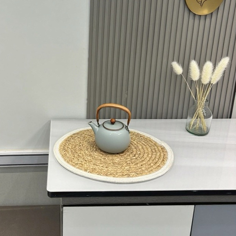 Covoraș rotund în stil japonez din paie împletite, suport termic pentru ceai și farfurii, antiderapant, din bone china