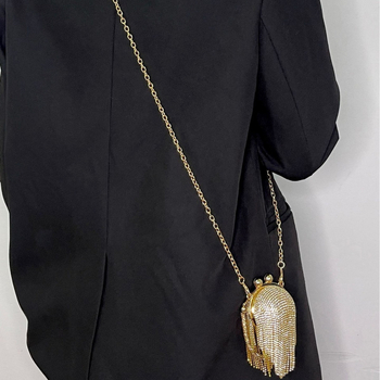 Ženska clutch torba s kristalima, okrugla metalna torba s tasselom, s kaišem za nošenje preko tijela, gradski stil