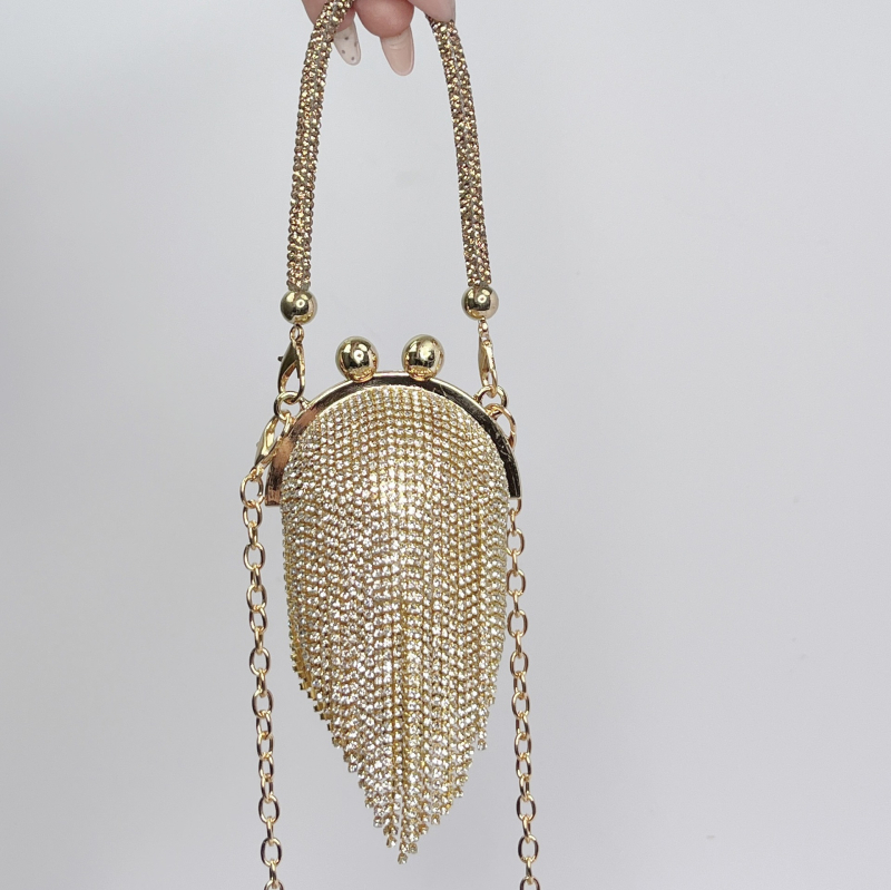 Ženska clutch torba s kristalima, okrugla metalna torba s tasselom, s kaišem za nošenje preko tijela, gradski stil