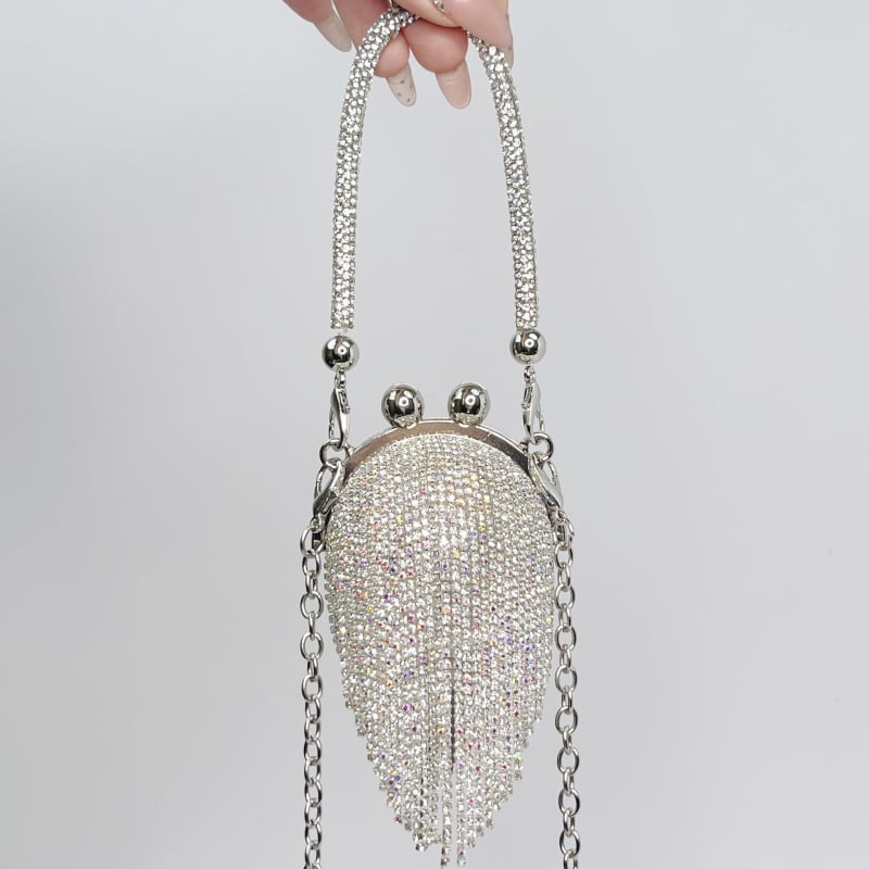 Ženska clutch torba s kristalima, okrugla metalna torba s tasselom, s kaišem za nošenje preko tijela, gradski stil