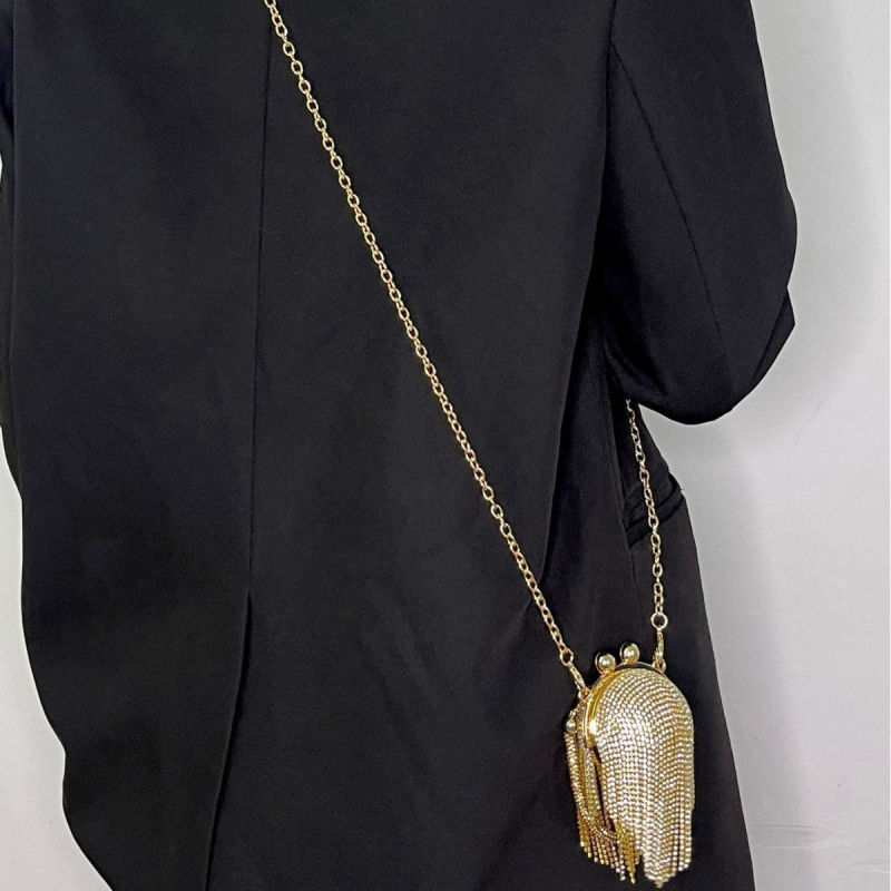 Ženska clutch torba s kristalima, okrugla metalna torba s tasselom, s kaišem za nošenje preko tijela, gradski stil