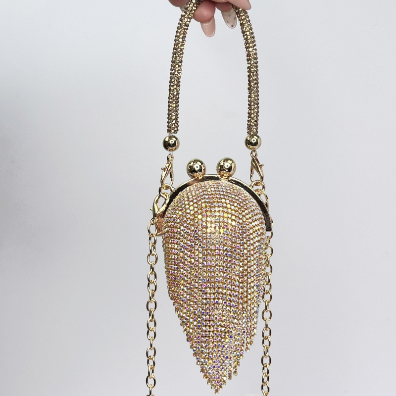 Ženska clutch torba s kristalima, okrugla metalna torba s tasselom, s kaišem za nošenje preko tijela, gradski stil