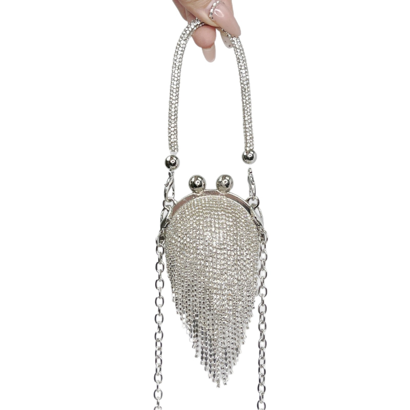 Ženska clutch torba s kristalima, okrugla metalna torba s tasselom, s kaišem za nošenje preko tijela, gradski stil