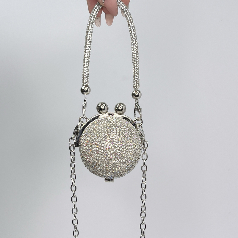 Ženska clutch torba s kristalima, okrugla metalna torba s tasselom, s kaišem za nošenje preko tijela, gradski stil