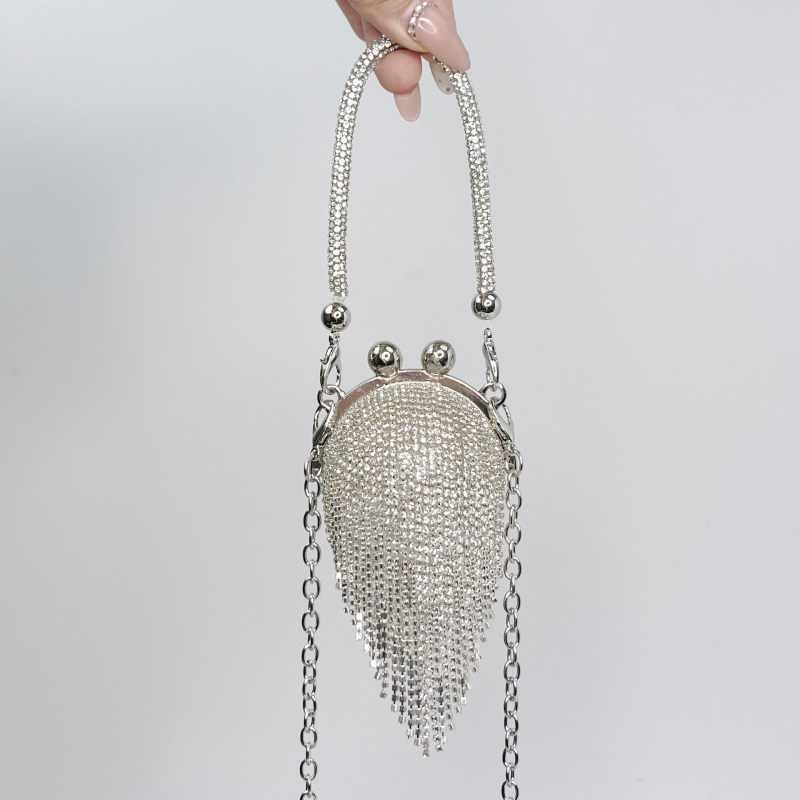 Ženska clutch torba s kristalima, okrugla metalna torba s tasselom, s kaišem za nošenje preko tijela, gradski stil