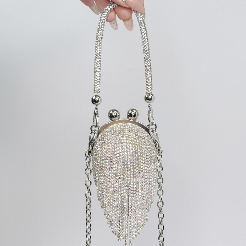 Ženska clutch torba s kristalima, okrugla metalna torba s tasselom, s kaišem za nošenje preko tijela, gradski stil