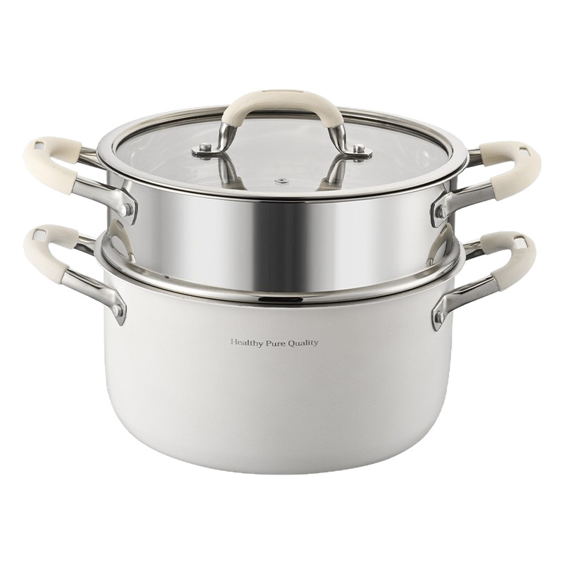 Oală de supă ceramică din oțel inoxidabil 316L, fără acoperire, îngroșată și adâncită, pentru uz casnic, compatibilă cu plita cu inducție și aragaz, cu mâner dublu pentru aburire și fierbere