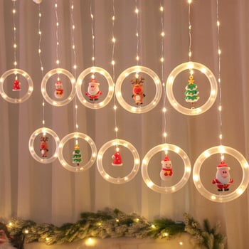 Lumini LED pentru perdea de Crăciun cu ren, Om de zăpadă și Moș Crăciun, în formă circulară