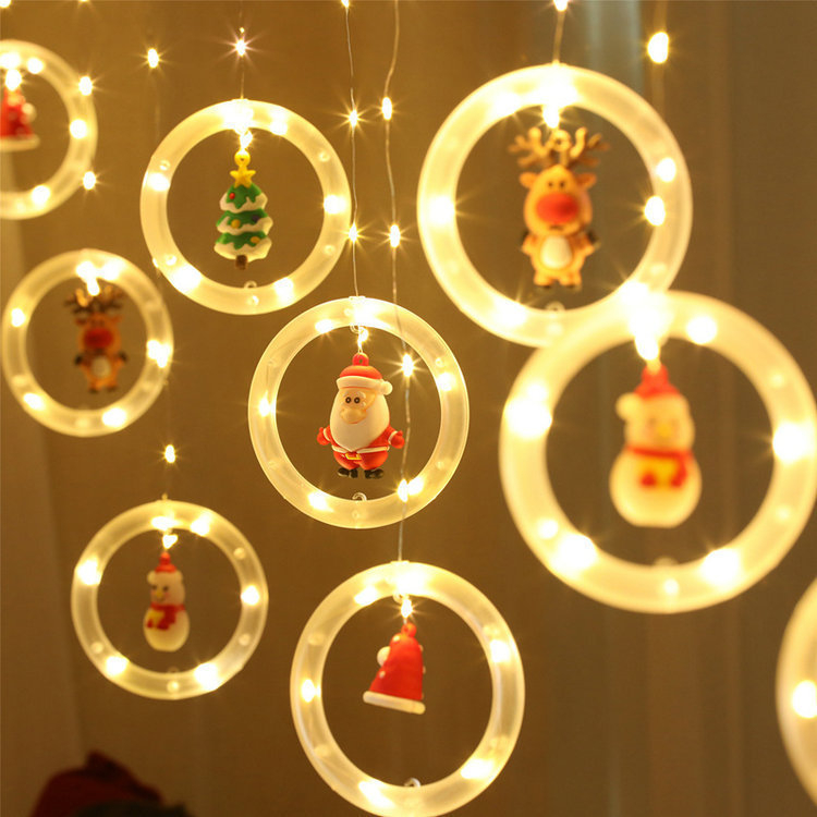 Lumini LED pentru perdea de Crăciun cu ren, Om de zăpadă și Moș Crăciun, în formă circulară