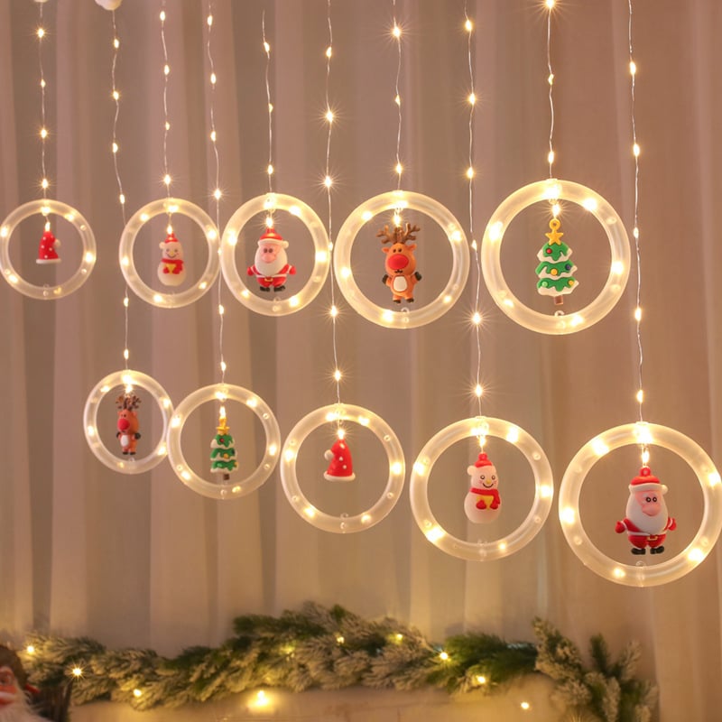 Lumini LED pentru perdea de Crăciun cu ren, Om de zăpadă și Moș Crăciun, în formă circulară