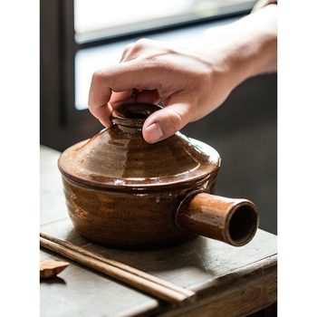Vas ceramic brut în stil japonez pentru uz casnic, sigur pentru cuptor cu microunde, vas mic pentru orez în vas de lut, rezistent la temperaturi înalte, cu capac și bol de supă