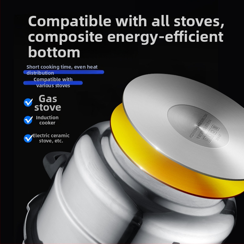 Oală sub presiune din oțel inoxidabil, cu fund dublu și corp îngroșat, pentru uz casnic, compatibilă cu plite pe gaz și inducție