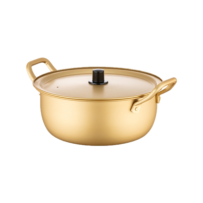 Oală galbenă din aluminiu, stil coreean, pentru tăiței instant, încălzire rapidă, oală cu mâner dublu și capac; potrivită pentru ramen și supă, bibimbap și alte feluri reci; compactă pentru cămin