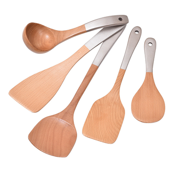 Set de spatule din lemn pentru gătit, cu suprafață antiaderentă, incluzând spatulă pentru prăjit, lingură de orez și lingură de supă; logo personalizat