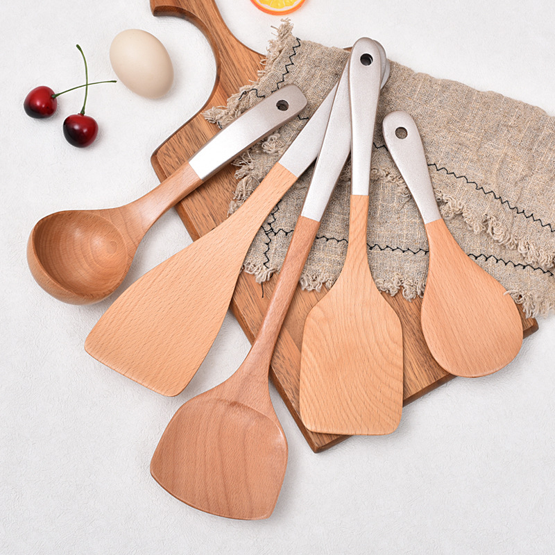 Set de spatule din lemn pentru gătit, cu suprafață antiaderentă, incluzând spatulă pentru prăjit, lingură de orez și lingură de supă; logo personalizat