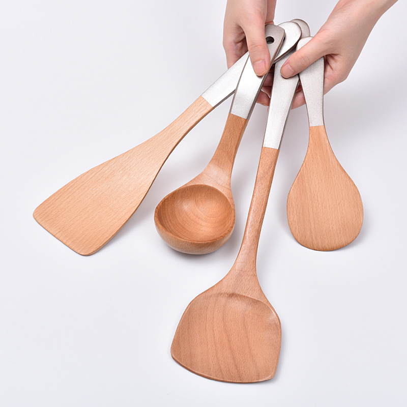 Set de spatule din lemn pentru gătit, cu suprafață antiaderentă, incluzând spatulă pentru prăjit, lingură de orez și lingură de supă; logo personalizat