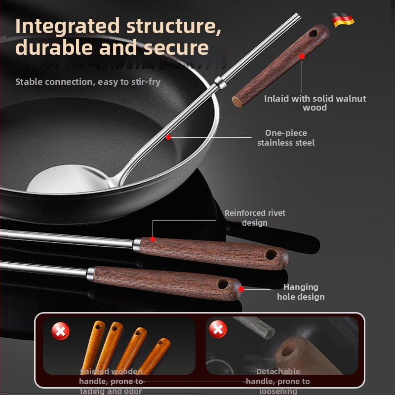Spatulă de gătit din oțel inoxidabil cu mâner din lemn, de calitate alimentară, pentru ciuperci