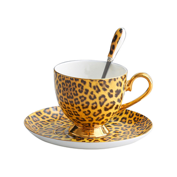 Set cafea din porțelan de oase cu imprimeu leopard: cană cu farfurie, ceainic, linguriță, zaharniță, cană de lapte, farfurie, suport de masă, cuțit, furculiță, cenușar