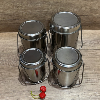 Set de 4 oale din oțel inoxidabil, cu capace metalice, mâneri ușoare, include oală pentru condimente și un recipient mic pentru gheață