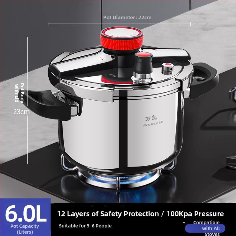 Wanbao Oală sub presiune, mecanică, reglaj cu buton, 304 oțel inoxidabil, plită cu inducție gaz, universală, protecție la explozie, model 5