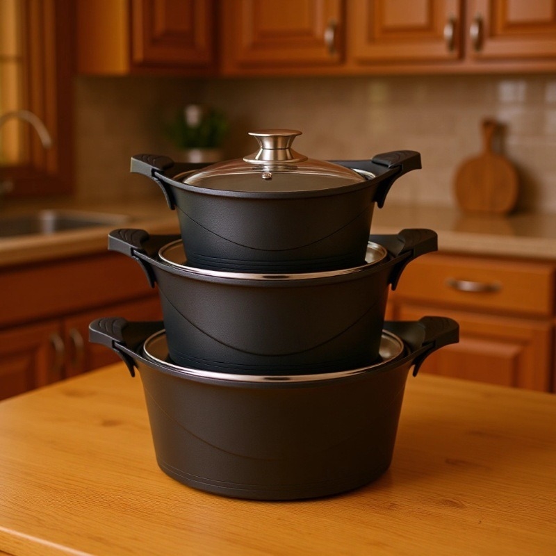 Noul stil: set de 10 piese de vase de gătit din aluminiu turnat, cu strat antiaderent, oală de supă și tigaie