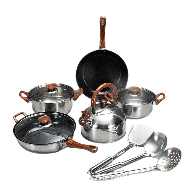Set de vase din oțel inoxidabil, 12 piese, cu capac din sticlă