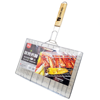 Grătar cu mâner din lemn, plasă metalică pătrată pentru patru burgeri, 60×40 cm