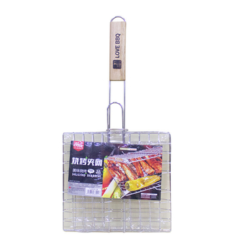 Grătar cu mâner din lemn, plasă metalică pătrată pentru patru burgeri, 60×40 cm
