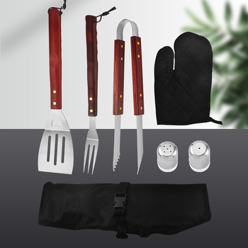 Set de unelte pentru grătar pentru camping, cu șorț de bucătar și mâner din lemn – 6 piese