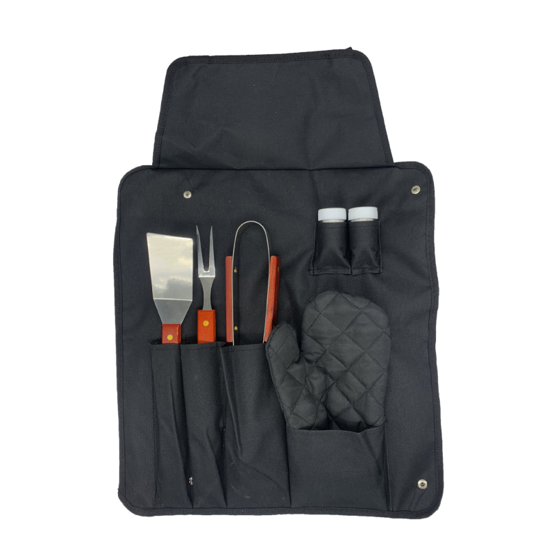 Set de unelte pentru grătar pentru camping, cu șorț de bucătar și mâner din lemn – 6 piese