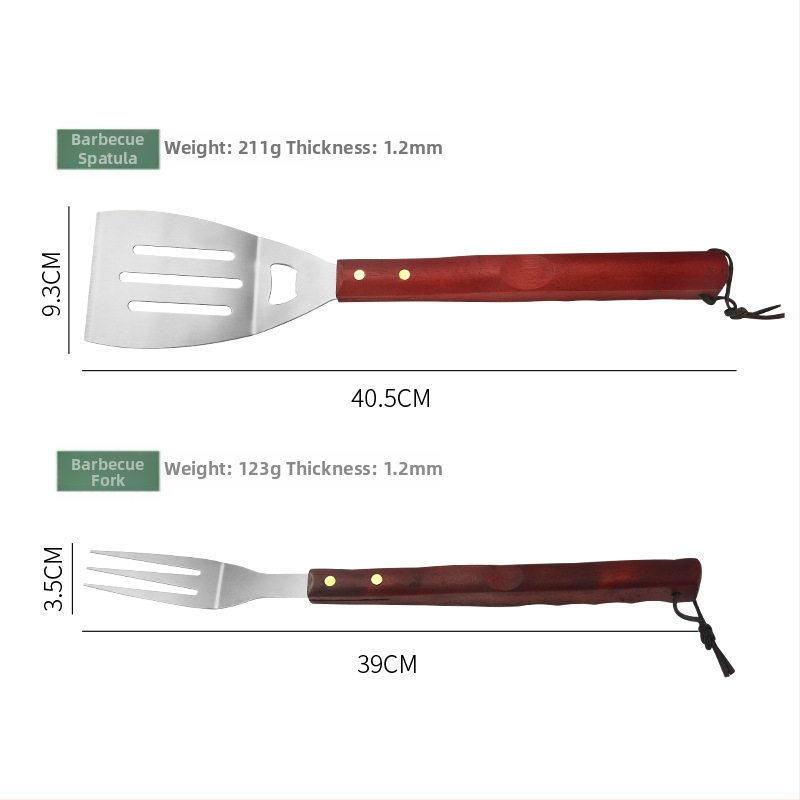 Prenosný set BBQ náradia pre kempovanie so zástera a drevenou rúčkou – 6 dielov