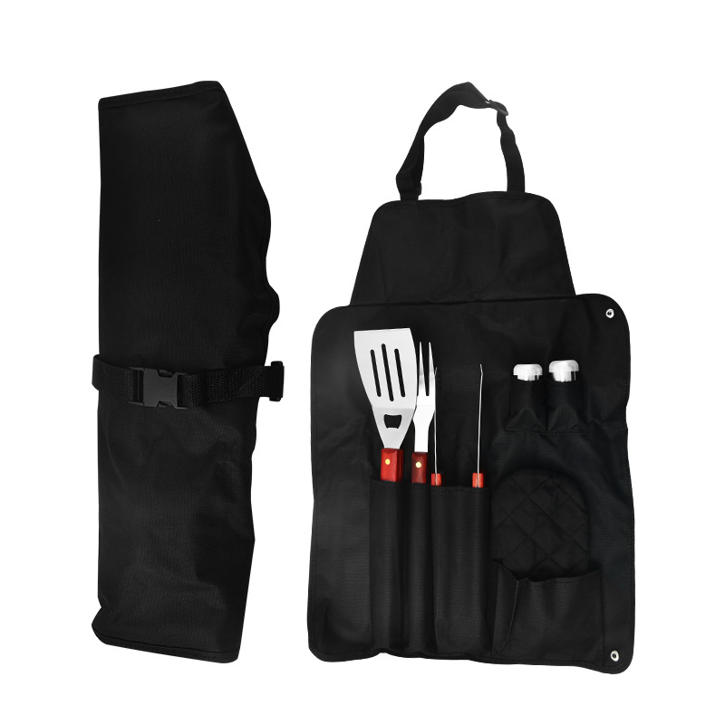 Set de unelte pentru grătar pentru camping, cu șorț de bucătar și mâner din lemn – 6 piese