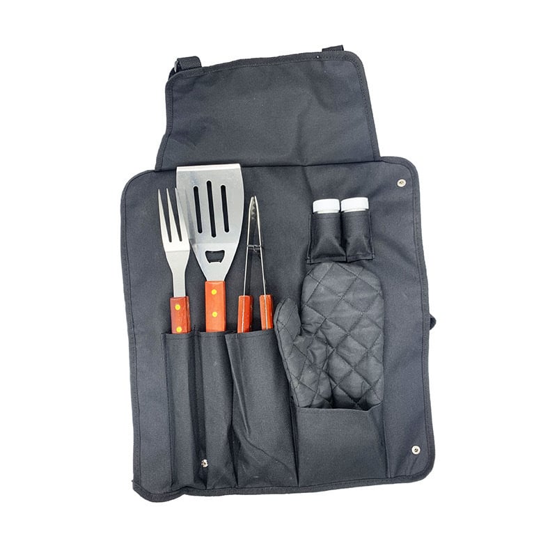 Set de unelte pentru grătar pentru camping, cu șorț de bucătar și mâner din lemn – 6 piese