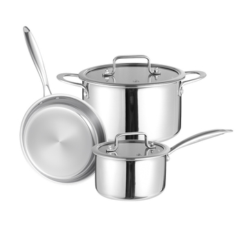 Set din oțel inoxidabil 304 cu trei straturi – set de vase cu capace din sticlă: oală pentru lapte 16 cm, oală de supă 20 cm și tigaie 26 cm, finisaj strălucitor, bază multi-strat, pentru bucătărie de acasă