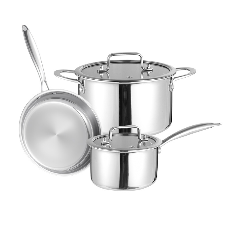 Set din oțel inoxidabil 304 cu trei straturi – set de vase cu capace din sticlă: oală pentru lapte 16 cm, oală de supă 20 cm și tigaie 26 cm, finisaj strălucitor, bază multi-strat, pentru bucătărie de acasă