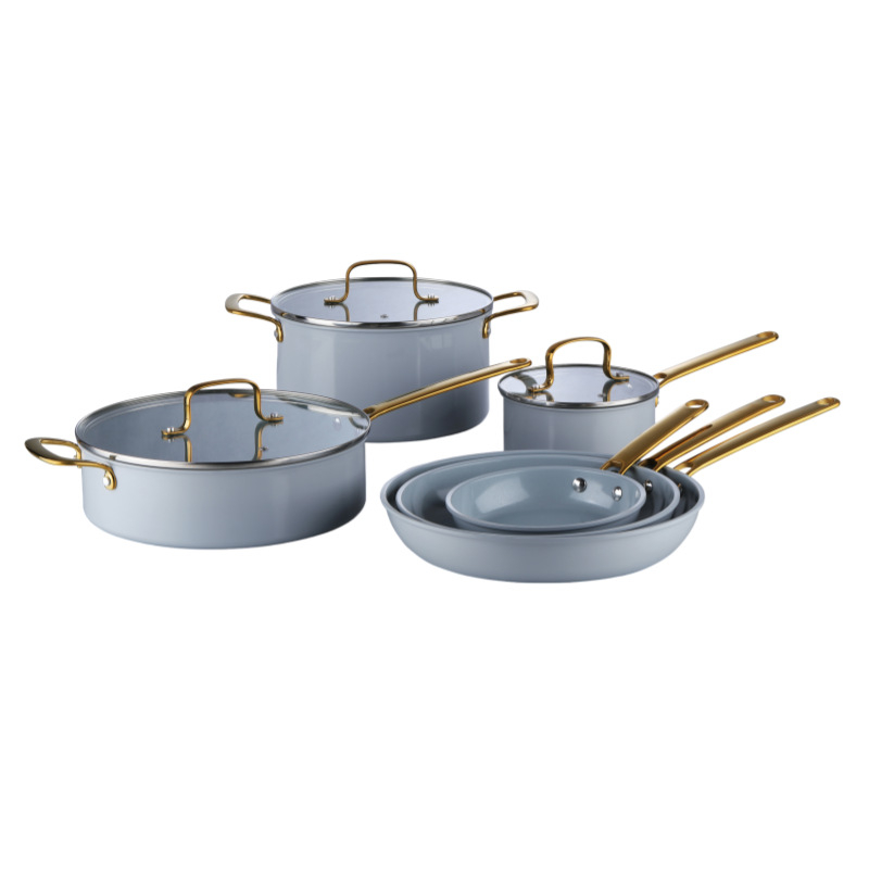 Set de vase ceramice gri FT-501 din seria Forjată, antiaderent, bucătărie, 9 piese, compatibil cu toate plitele