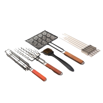 Set camping pentru grătar cu coș din plasă metalică, frigărui din oțel inoxidabil pentru chiftele, cârnați și hot dog