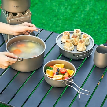Set de vase din titan pur pentru camping — tigaie, oală de aburi și oală de supă, pliabil