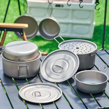 Set de vase din titan pur pentru camping — tigaie, oală de aburi și oală de supă, pliabil