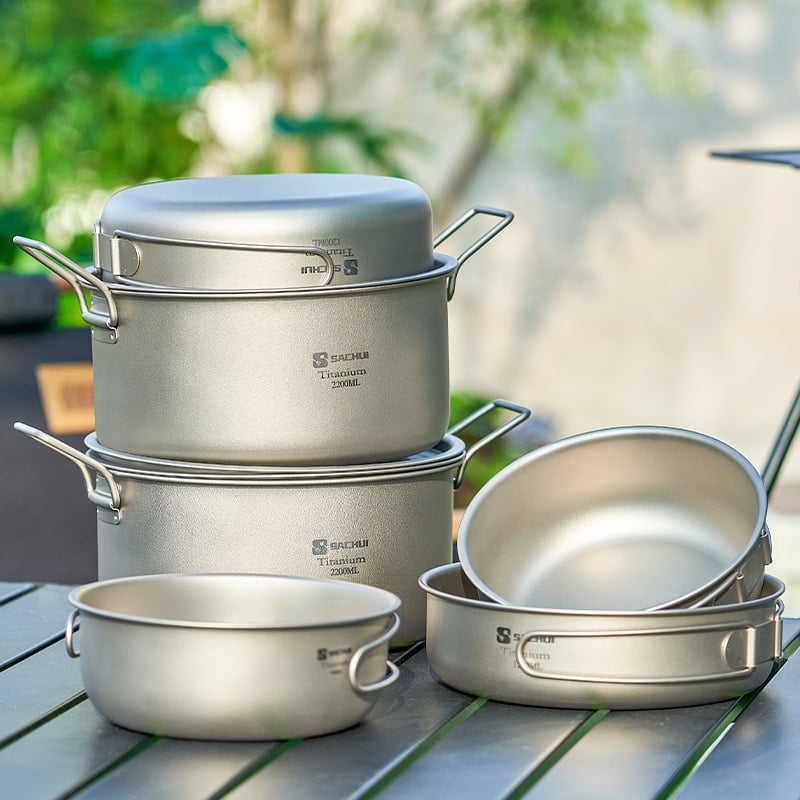 Set de vase din titan pur pentru camping — tigaie, oală de aburi și oală de supă, pliabil