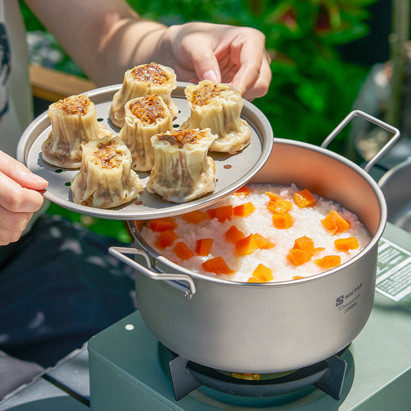 Set de vase din titan pur pentru camping — tigaie, oală de aburi și oală de supă, pliabil